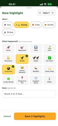 Add a highlight: player buttons across the top, a grid of 16 emoji tags, and a Save button.