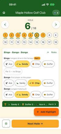 Bingo Bango Bongo on a hole: rows for Bingo, Bango and Bongo with player buttons, a Bingo pot badge and a running leaderboard.